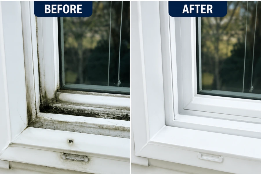 Before and after skylight cleaning, streak free result