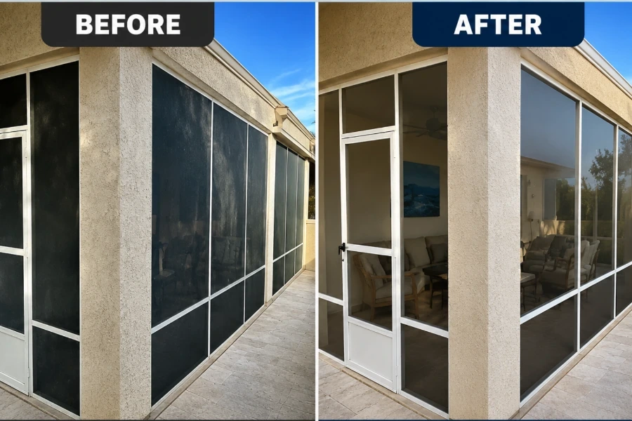 Before and after skylight cleaning, natural light restored