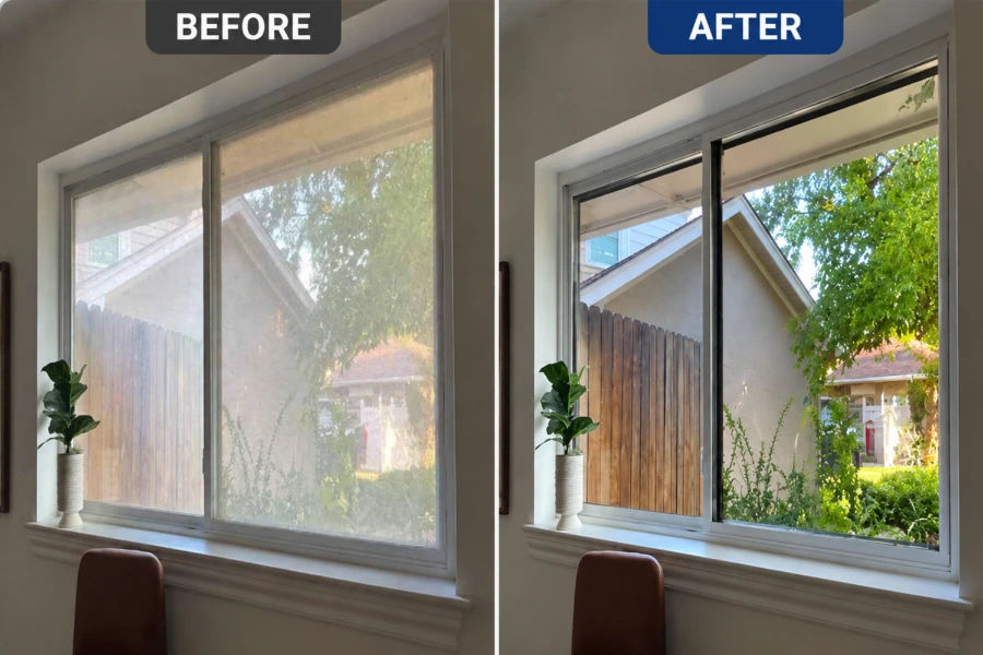 Before and after skylight cleaning, dust and debris removed
